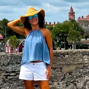 Chambray flowy tank top with mini pom poms, size small